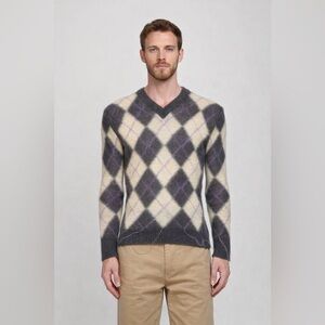 497 Nwt Marni Argyle-pattern V-neck wool-blend jumper Size 54 Color Grey Yellow